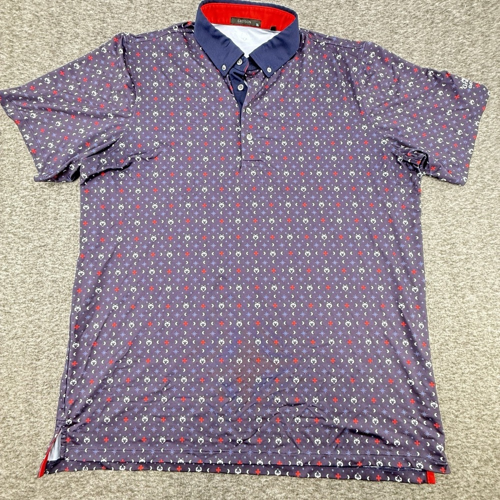 GREYSON Golf Wolf Moon Performance Polo Shirt Blue Navy Mens XL AOP Geometric